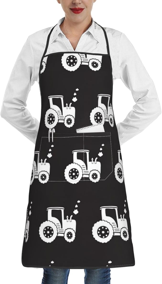 Apron for Women And Men, Waterproof Adjustable with Pocket Washable Cooking Apron, Chef Grilling BBQ Baking Crafting, Personalized Tractors White Black