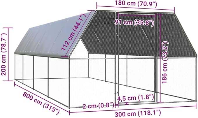 Galvanized Steel Chicken Cage 9.8x26.2x6.6ft Outdoor Coop Large Walk-in Run Silver for Backyard Poultry Hen House Secure Lock Weatherproof