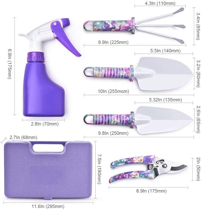 Gardening Tools,5 Pieces Garden Tools with Floral Print, Ergonomic Handle Trowel Rake Weeder Pruner Shears Sprayer,Gardening Supplies with Carrying Case Gifts for Women