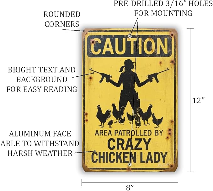 Crazy Chicken Lady Sign – Funny Caution Farm Sign, Vintage Metal Chicken Warning Wall Decor, Rustic Backyard Poultry Humor 8x12