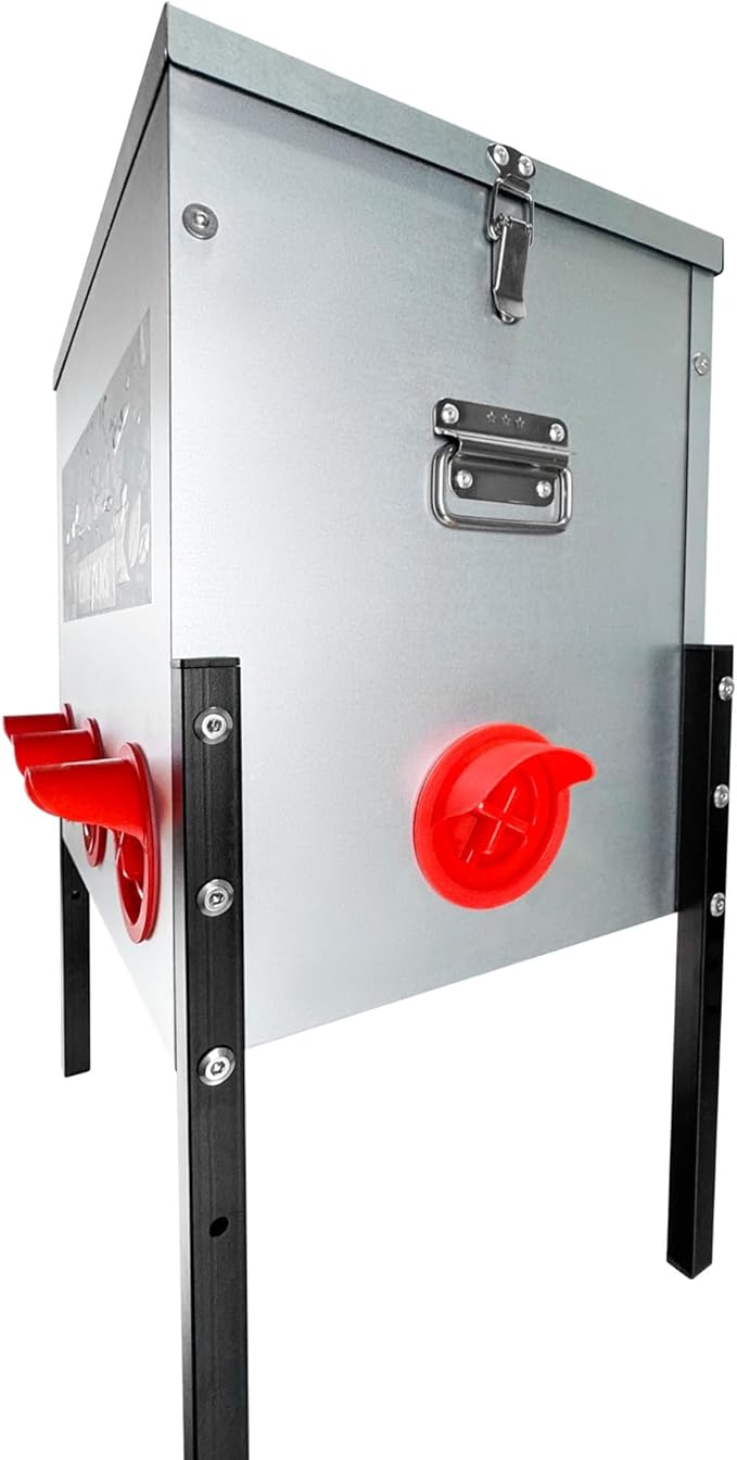Automatic Chicken Feeder 50LB Large Capacity Poultry Feeders with 8 No Waste Feeding Ports Galvanized Metal Feeder Box with Adjustable Legs Locking Lid and Handles for Outdoor