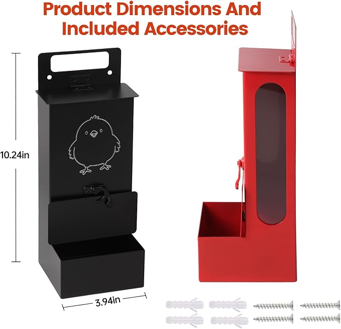 2Pcs Chicken Grit Feeder,Chicken Oyster Shell Feeder Weatherproof Heavy-duty,Feed-Level Indicator with a Top Lid and a Bottom Cap,Hanging Chicken Coop Accessories, Metal Automatic Chicken Feeder，