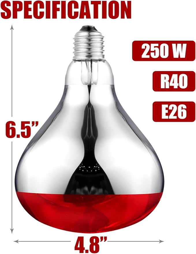 250W R40 Red Heat Lamp Bulbs, 8000 Hours Rated, Infrared Flood Light, Brooder Heating Lamp for Chickens, Reptiles, Pets, Bathroom, E26 Base - 1 Pack