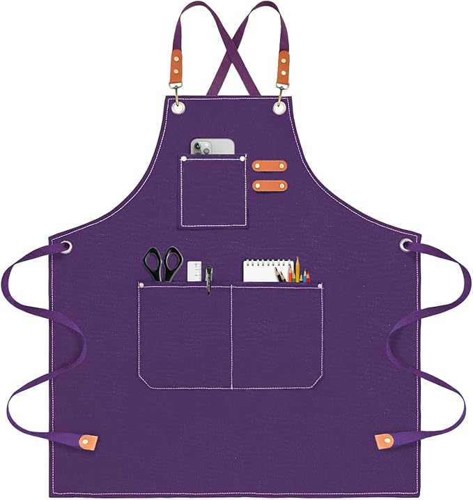 Chef Apron for Men Women Canvas Aprons with 3 Pockets Cross Back Resistant Work Apron for Cooking
