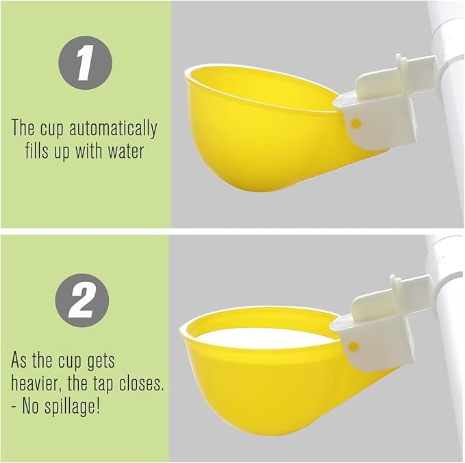Chicken Water Cups with PVC Tee Fittings for 1/2" Pipe, Automatic Chicken Watering System, Anti-Leak, Holds 50% More Water, Suitable for Chicks, Chicken, Duck, Quail, Birds (Yellow, 4 PVC Cups)