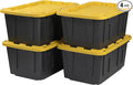 CX Black & Yellow 27-Gallon Heavy Duty Storage Bins with Lids, Stackable Plastic Storage Bins with Weather-Resistant Design, Home Organization, 4 Pack (14.3"H x 20.6"W x 30.6"D)