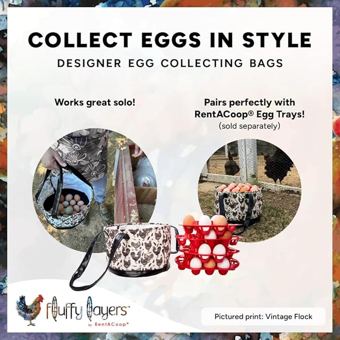 Fluffy Layers by RentACoop Egg Collecting Bag – Durable Coated Canvas and Easy-to-Clean Bottom & Handles – Reusable Farm Egg Basket (Roosters and Roses)