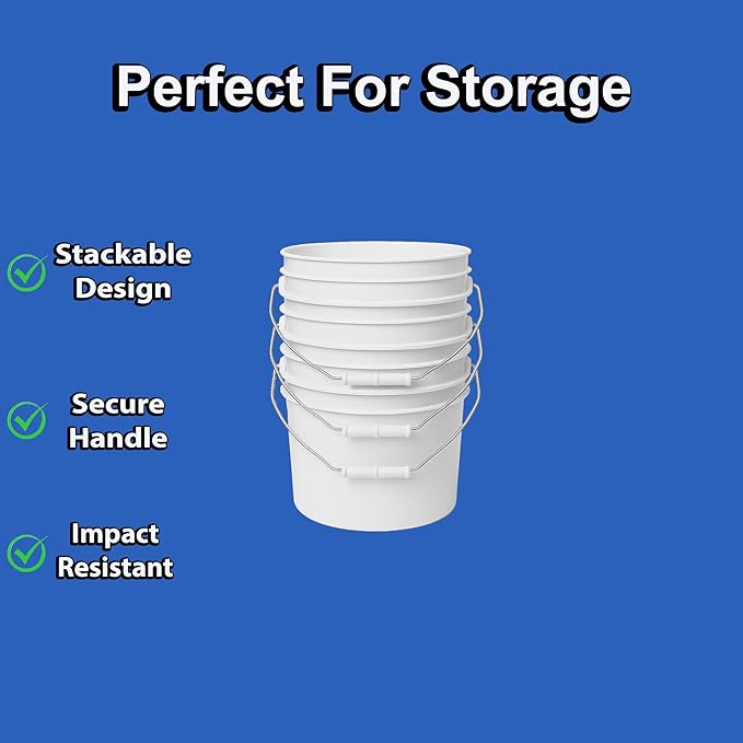 1-Gallon Bucket with Airtight Lid – Made in USA, Food Grade BPA Free Plastic, Heavy Duty Multi-Use, Metal Handle with Grip, Stackable Storage – White, 5 Pack