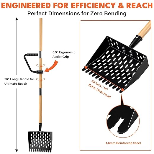Chicken Poop Scooper for Sand, Extra Large Chicken Coop Scoop with 47" Handle & Assist Tool, 1.6mm Thick Heavy Duty Chicken Scooper for Poop, 2-in-1 Sifting Rake for Effortless Cleaning