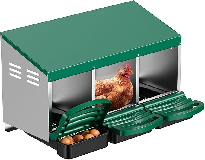 Chicken Nesting Boxes, 3 Compartments Roll Away Egg Laying Nest Box for Hens, Galvanized Steel Nesting Boxes for Chickens with Rollout Egg Drawer, Protects Eggs for Chicken Coop