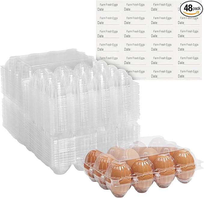 Stockroom Plus Clear Plastic Egg Cartons - Clear Containers with Date Labels - Bulk Egg Storage Set - Reusable Storage Containers - 12-Count, Pack of 48