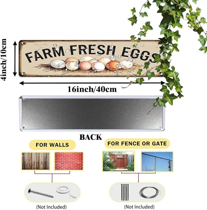 Rustic Chicken Coop Decorative Sign - ''Farm Fresh Eggs' Metal Sign, 16x4 Inch - Farmhouse Art Plaque Sign For Home, Hen House, Yard, Bar or Cafe, Store Hanging Decor, Room Decor