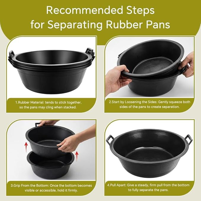 4Pcs Large Rubber Feeder Pan, 8.6 Gallon Horse Feed Bucket Water Bowl, Heavy Duty Horses Feed Bucket Dog Bowl Horse Feeder Pan for Cats Dogs Goats Chicken Dust Bath Container Farm Animal Feeding