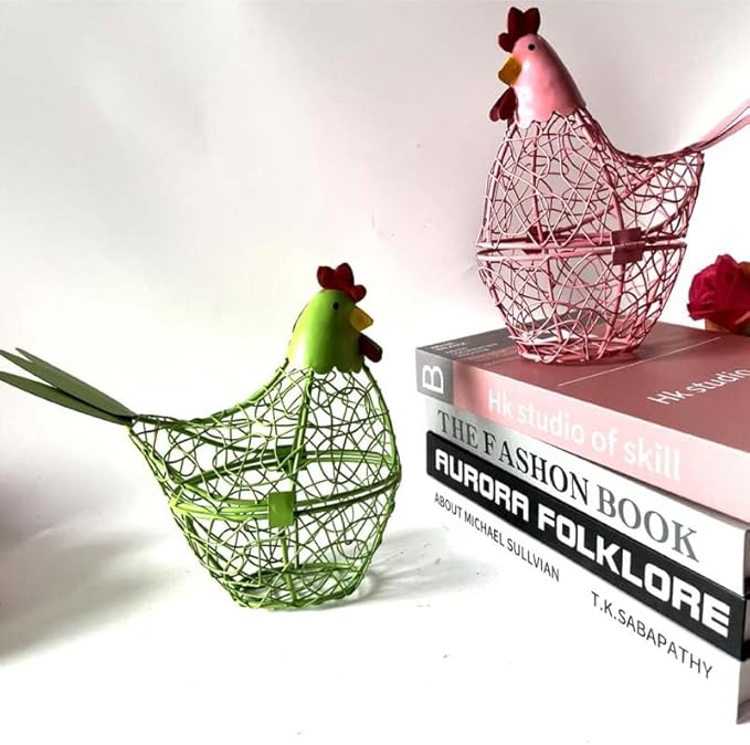 Chicken Wire Egg Basket Egg Holder Farmhouse Rustic Vintage Rooster Decor Chicken Shaped Egg Basket Fruit Storage Wire Basket For Collecting And Countertop Storing Egg (White)