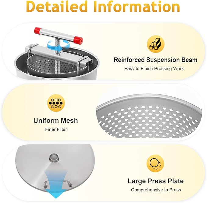 Manual Bee Honey Extractor, 530 Oz Stainless Steel Fruit Extractors Utility Press Extractors with Mesh & Splash-Proof Bucket Beekeeping Supplies Wine Making Equipment for Farms, Beehives