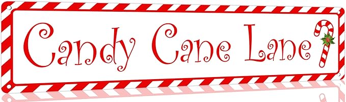 Candy Cane Lane Metal Tin Sign Vintage Funny Christmas Sign for Cafe Home Bar Farmhouse Christmas Art Wall Decoration Retro Poster 4x16 Inch