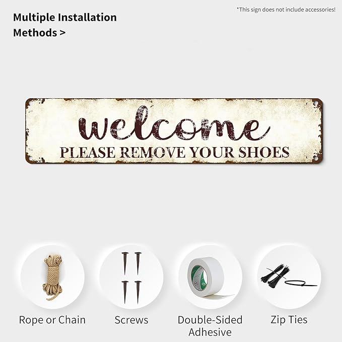 Welcome Please Remove Shoes Vintage Metal Sign - 16x4 Inch Rustic Entryway Decor for Home and Spa Studios, Humorous House Rules Plaque with Pre-Drilled Holes, Unique Wall Art Gift for Japanese Restaurants and Tidy Homeowners