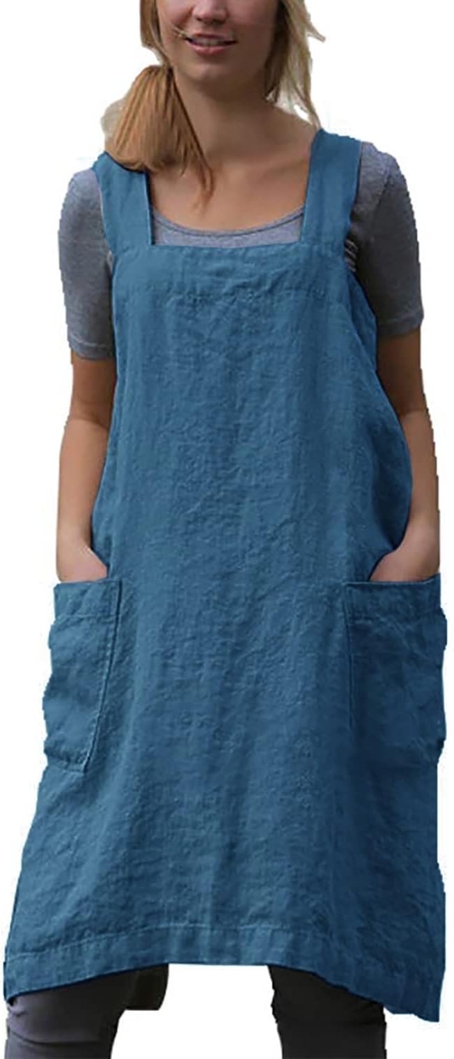 Women's Pinafore Apron Cross Back Apron with Pockets Cotton Linen Apron Dress Plus Size