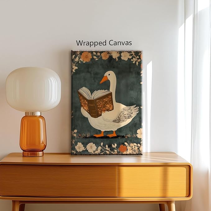 Nursery Animal Canvas Wall Art, Whimsical Goose Reading A Book Poster, Cozy Folk Art Print, Countryside Animal and Botanical Flowers Wall Painting for Kids Reading Corner 24x36in Wrapped Canvas