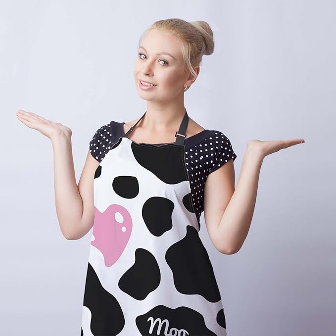 Chef Apron for Men Black and White Cow Print Love Heart Fun Aprons for Women for Kitchen Cooking Restaurant BBQ Painting Crafting 27” (W) x 31” (H), Waterproof Aprons
