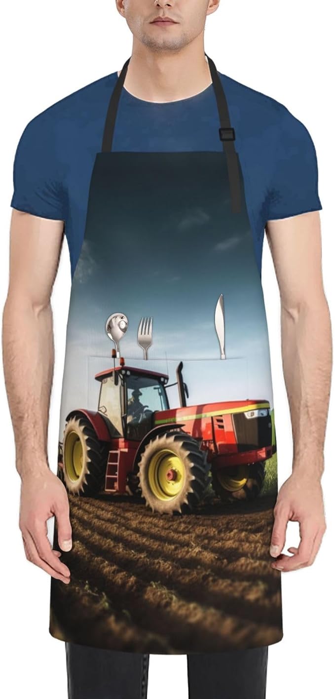 Tractor farm Cooking Aprons for Women Men Waterproof Bib Apron with Pockets Adjustable Kitchen Chef Apron