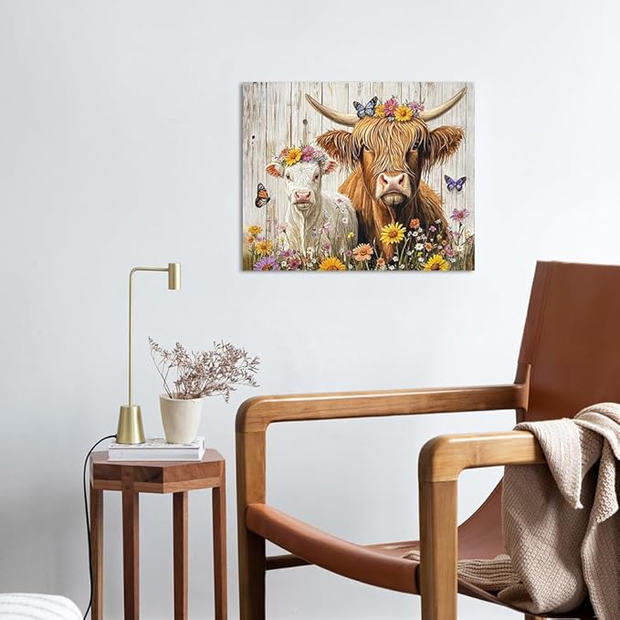 Yidepot Highland Cow Canvas Wall Art: Sunflowers Farmhouse Artwork, Sheap Cow Pictures Bedroom Decor Ready to Hang 12x15inch
