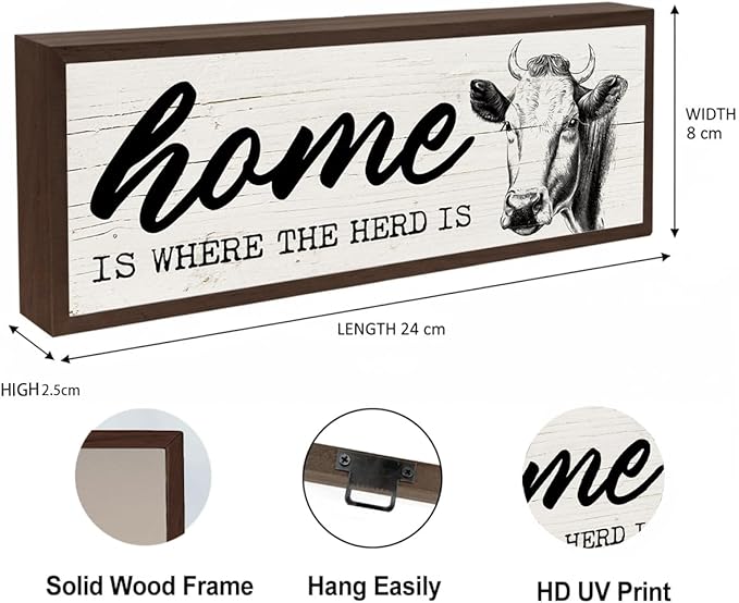 Rustic Home Sign, Home is Where the Herd is Sign, Cow Decors, Farmhouse Wall Decor Art, Funny Front Door Decors, Living Room Decor, Housewarming Gift 9.5x3.1x1 inches