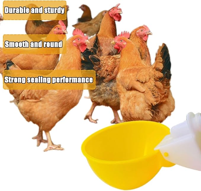 Poultry Waterer Cups 10 Packs Chicken Water Cups for PVC with Tee Automatic Chicken Waterer Kit for Poultry Chicks Duck Goose Turkey Bird and Bunny with Mounting Hole Opener (Yellow)