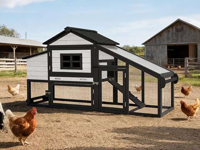 GUTINNEEN Large Chicken Coop with Wheels, Expandable Mobile Chicken House for Outdoor Use, Hen House Poultry Cage with Nesting Box, Leakproof Pull-Out Tray & UV-Resistant Roof – Black