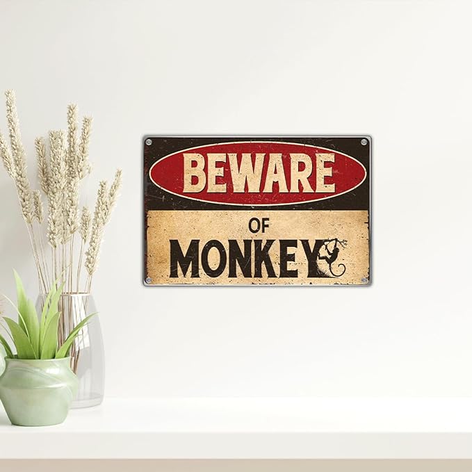 Vintage Beware Of Monkey Metal Sign Funny Warning Wall Decor 12 x 8 Inch Retro Tin Plaque For Man Cave Garage Home Bar Yard Art Outdoor Aluminum Indoor Kitchen