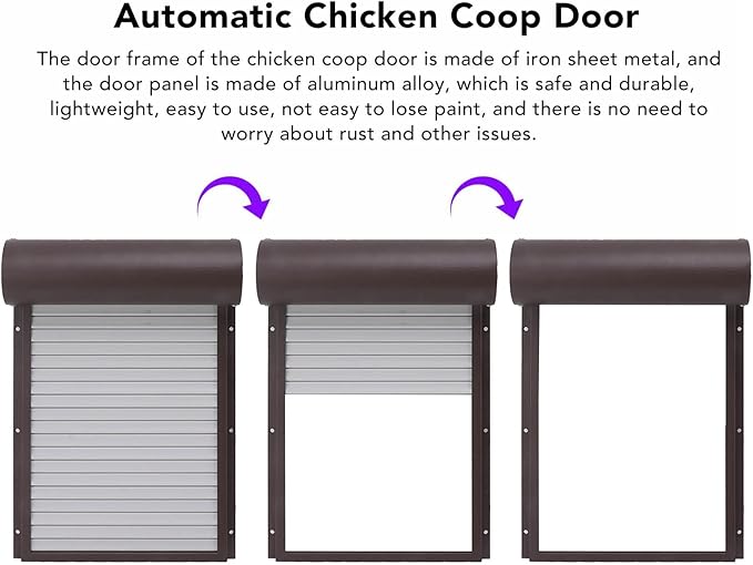 Automatic Solar Powered Chicken Coop Door with Light Sensing and Timer, Metal Iron Auto Chicken House Protection Door for Duck Goose, Remote Control, with LED Clear Dosplay (Brown)