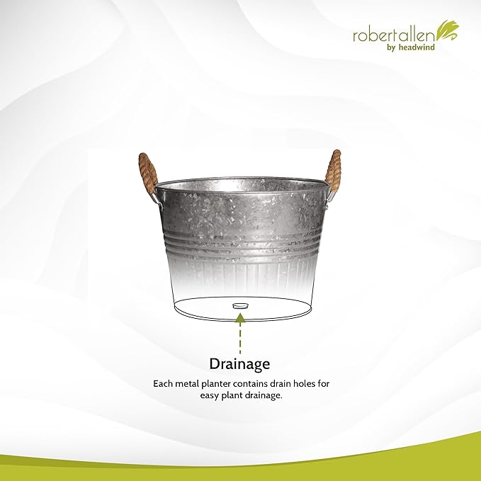 Headwind Decorative Planter - Round Galvanized Bucket w/Rope Handles – 6 Inch Metal Tub Bucket Planter for Outdoor Plants w/Drainage Hole – Galvanized Large Outdoor Planters Buckets by Robert Allen