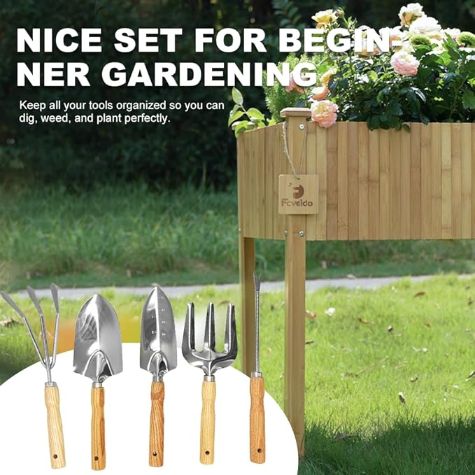Garden Tool Set, 5 Piece Stainless Steel Gardening Hand Tools Including Graduation Shovel, Hand Rake, Transplanter, Trowel, Hand Cultivator