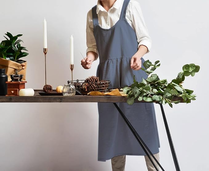 NEWGEM Cotton Linen Cross Back Apron for Women with Pockets Japanese Kitchen Cooking Aprons Blue Grey