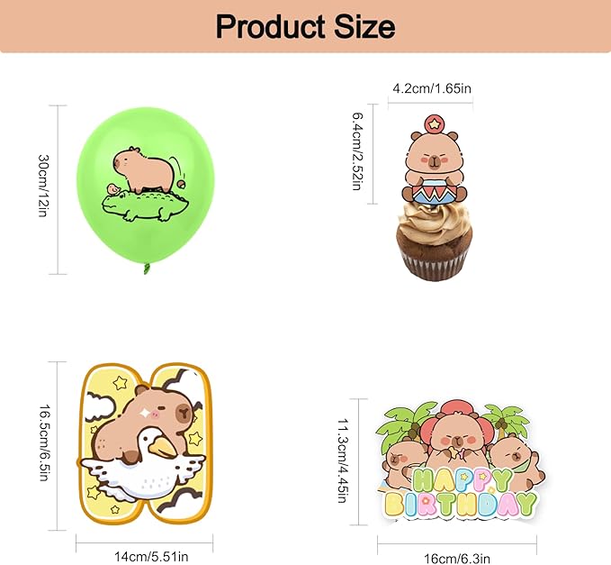 Cartoon Happy Birthday Banner Balloons Cupcake Toppers Birthday Decorations for Capybara Theme Party Decor Supplies