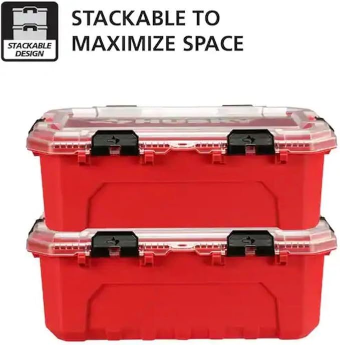 Professional Heavy Duty Waterproof Stackable Plastic Storage Container with Hinged Lid, Red, Rectangular, (12 Gal)