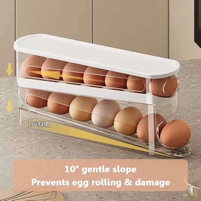 Auto-Rolling Egg Dispenser with Lid - Transparent Fridge Egg Organizer, Space-Saving Refrigerator Storage Box with Slide Design for Side Door, Stackable & Easy Access (1 Pack)