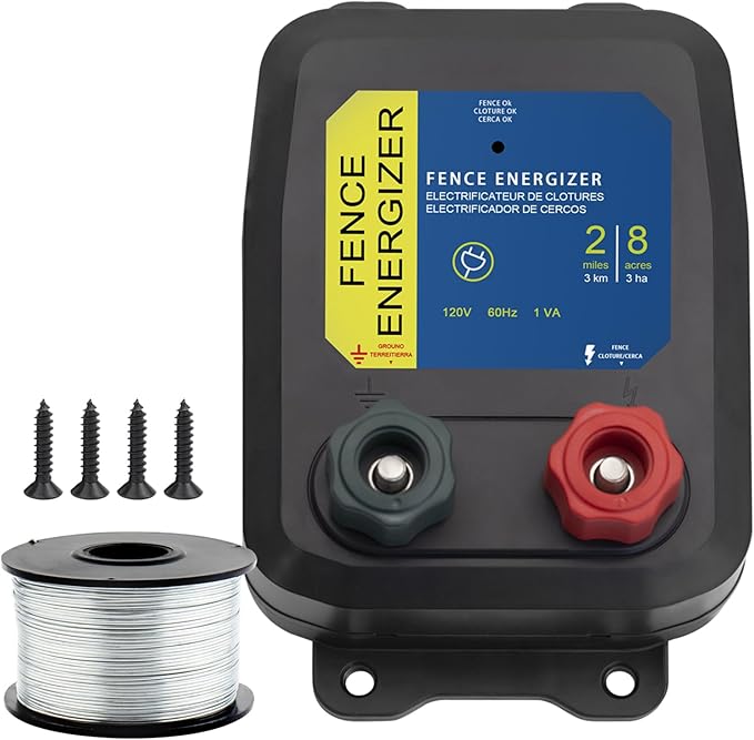 Electric Fence Energizer for Dogs Energizer PE2 0.10 Joule and Spool Aluminum Wire,Livestock Fence Chargers for Containing Dogs, Livestock and Preventing Wild Animals Intruding