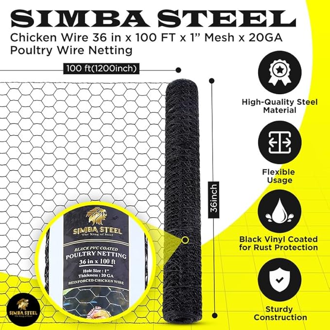 36” x 100 FT PVC Hexagonal Poultry Netting Chicken Wire | 1" Mesh | 20 Gauge | Black PVC Vinyl Coated | Rust Proof | for Garden, Fence, Chicken, Rabbit, Pet Enclosure