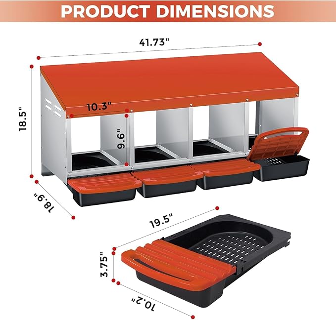  Chicken Nesting Box with Cleanable Pull Out Trays, 4 Hole Roll Away Nesting Box for Laying Hens, Wall Mount or Placed Design for Easy Egg Collection ﻿