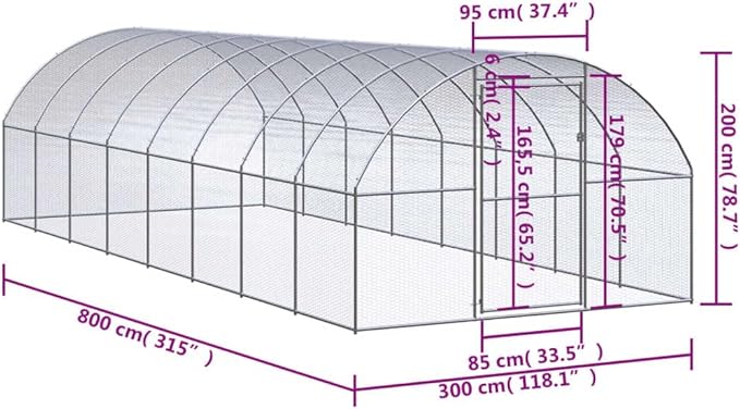 Large Metal Chicken Coop, Walk-in Poultry Cage with Galvanized Steel Frame, Durable Outdoor Run for Hens, Ducks, and Small Animals, 3x8x6.6 ft
