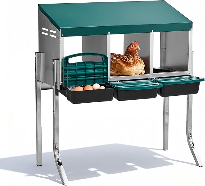 Outvita Chicken Nesting Boxes, 3 Compartments Metal Nesting Boxes for Chickens with Metal Legs, Wall/Floor Mount for Laying Eggs with Swing Perch and Roll Away Egg Collection for Chicken Coop, Green