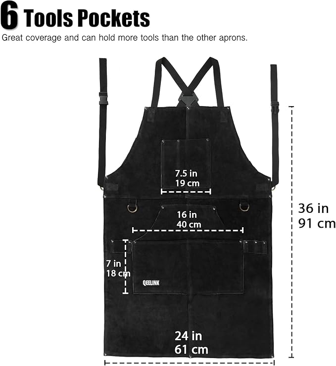QeeLink Leather Welding Work Apron with 6 Tool Pockets, Heat & Flame Resistant Welder Aprons, 24" x 36", Adjustable M to XXXL