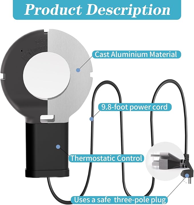 500 Watt Pond De-Icer with Thermostat, Cast Aluminum Submersible Bird Bath Heater, Heated Chicken Water, Power Cord 9.8 Ft