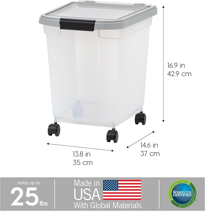 IRIS USA Airtight Dog Food Storage Container, WeatherPro, Up to 25 lbs, Removable Wheels, for Dog Cat Bird and Other Pet Food Storage Bin, Keep Fresh, Translucent Body, Made in USA, Clear/Gray