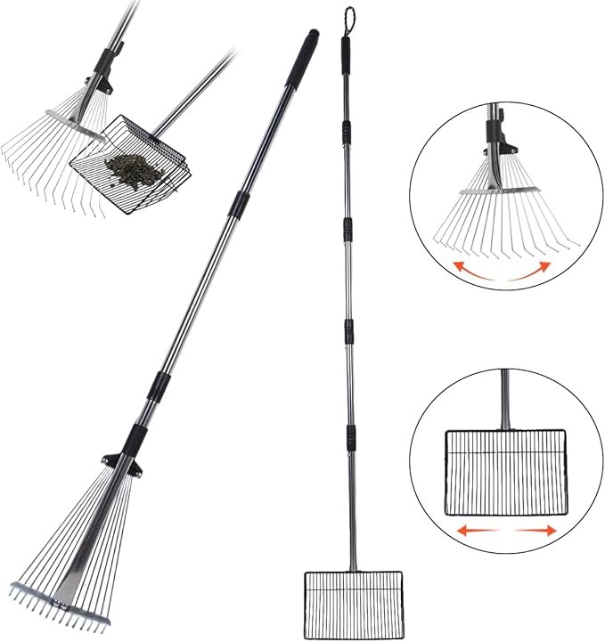 2PCS Chicken Poop Scooper & Rake Set – Adjustable Metal Cleaning Tools (Scooper 45–68", Rake 32–46.5") for Chicken Coop, Yard & Sand – Heavy Duty Stainless Steel Coop Accessories