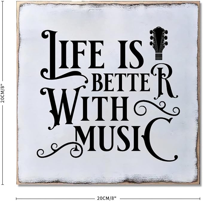 Distressed Look Wood Sign Life is Better with Music Rustic Farmhouse Wooden Sign with Quote Retro Wooden Art Plaque Vintage Wall Hanging Wall Decor for Porch Room House Home Decor Gift for Music Lover