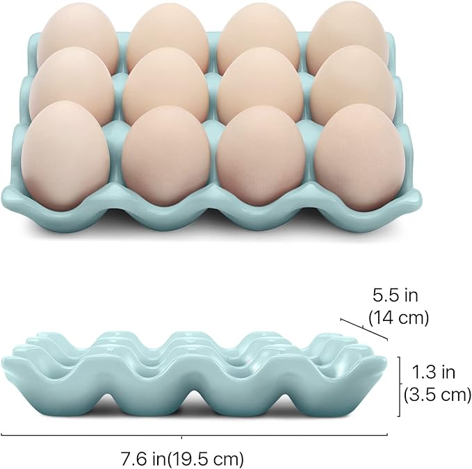 Flexzion Ceramic 12 Cups Egg Tray - Whole Dozen Porcelain Egg Holder Container Keeper Storage Organiser Decorative Serving Stand Serveware for Refrigerator Fridge Countertop Display Kitchen