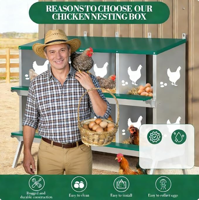Chicken Nesting Box 8 Compartment with Legs10 Pet Moisture Pads and 4 Fake Eggs Roll Away Egg Collection, Perch, Lid Cover for Egg Protection - Wall Mount Nest Box for Chickens, Hens, Ducks