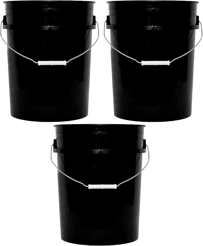 5-Gallon Bucket Only – No Lid Included, Made in USA, Food Grade BPA Free Plastic, Heavy Duty Multi-Use, Metal Handle with Grip, Stackable Storage – Black, 3 Pack